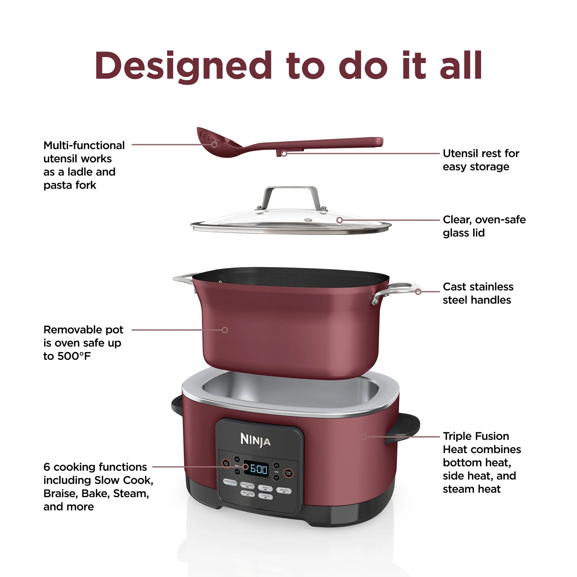 Ninja Foodi Possible Cooker, 8.5 Quart, 6-in-1 Multi-Cooker, Slow Cooker, Steamer, Glass Lid Integrated Cooking Utensil, Nonstick, Oven Safe Pot to 500° F, Cherry Tarte, MC1000WM
