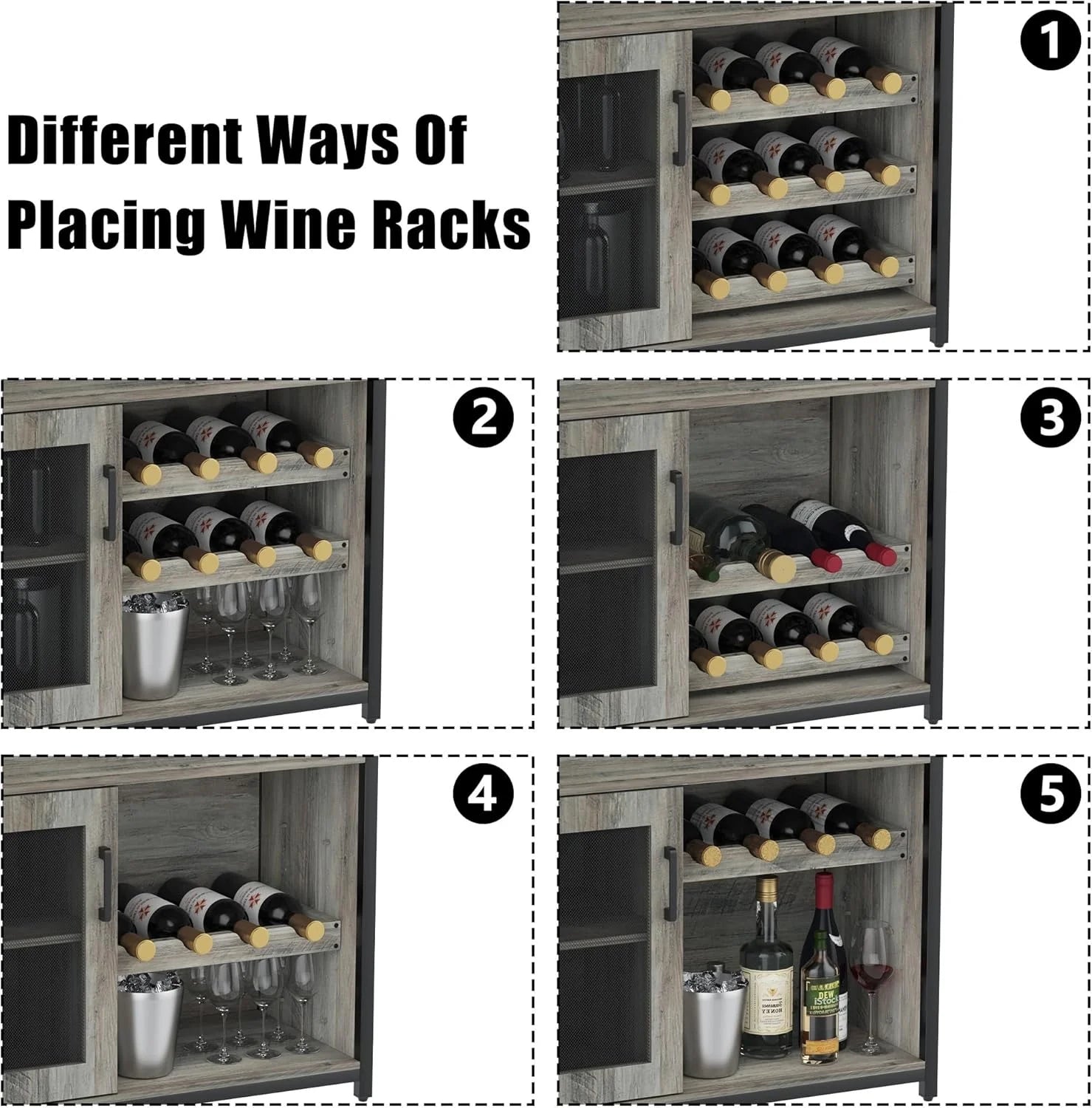 Wine Bar Cabinet, Liquor Storage Cabinet with Detachable Wine Rack, Small Coffee Bar with Glass Holder & Mesh Door, Buffet Sideboard for Dining Room, Kitchen, Living Room, Grey