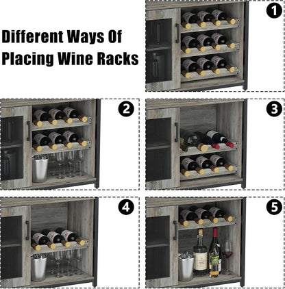 Wine Bar Cabinet, Liquor Storage Cabinet with Detachable Wine Rack, Small Coffee Bar with Glass Holder & Mesh Door, Buffet Sideboard for Dining Room, Kitchen, Living Room, Grey