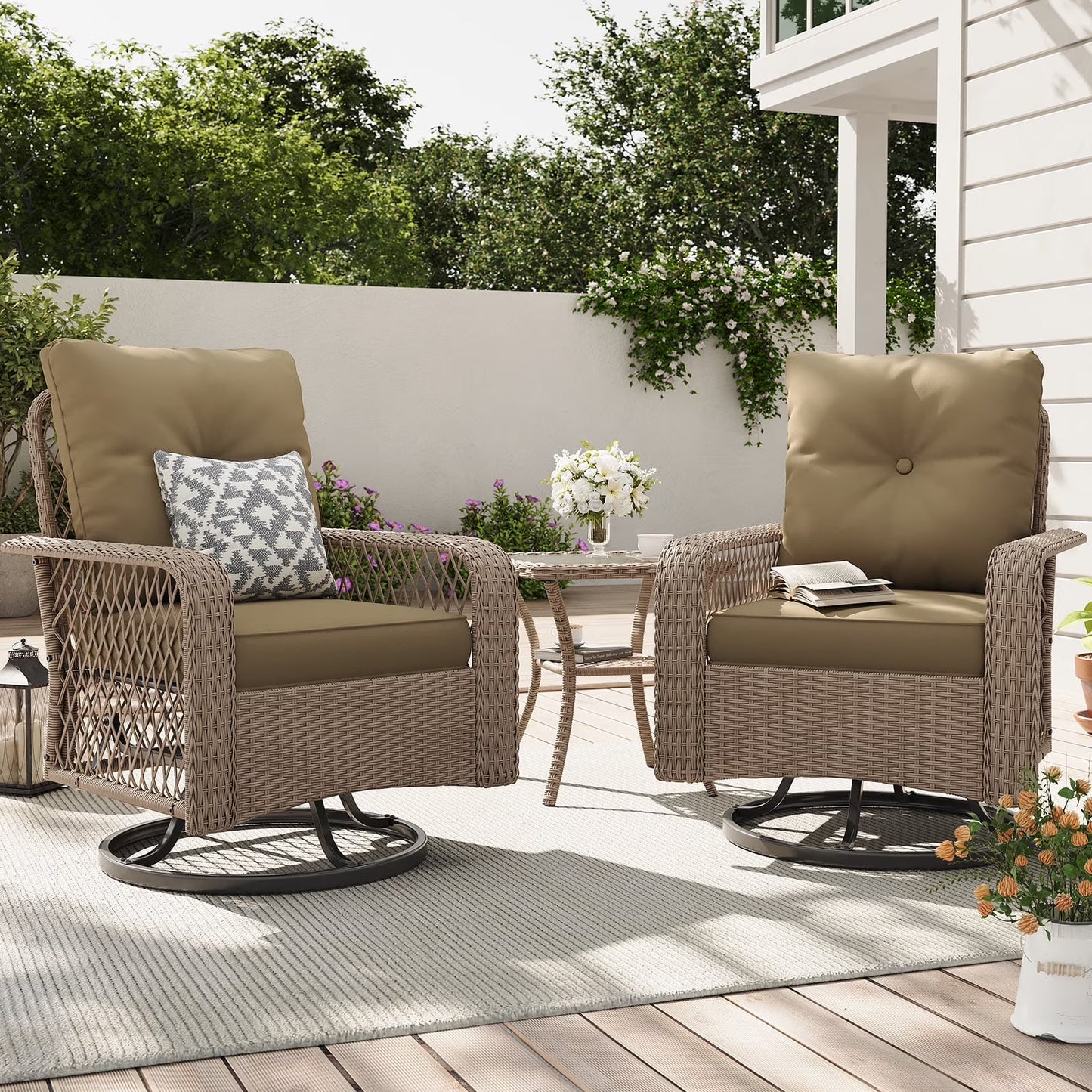 ELPOSUN 3 Pieces Patio Furniture Set, Outdoor Swivel Gliders Rocker, Wicker Patio Bistro Set with Rattan Rocking Chair, Glass Top Side Table and Thickened Cushions for Porch Deck Backyard
