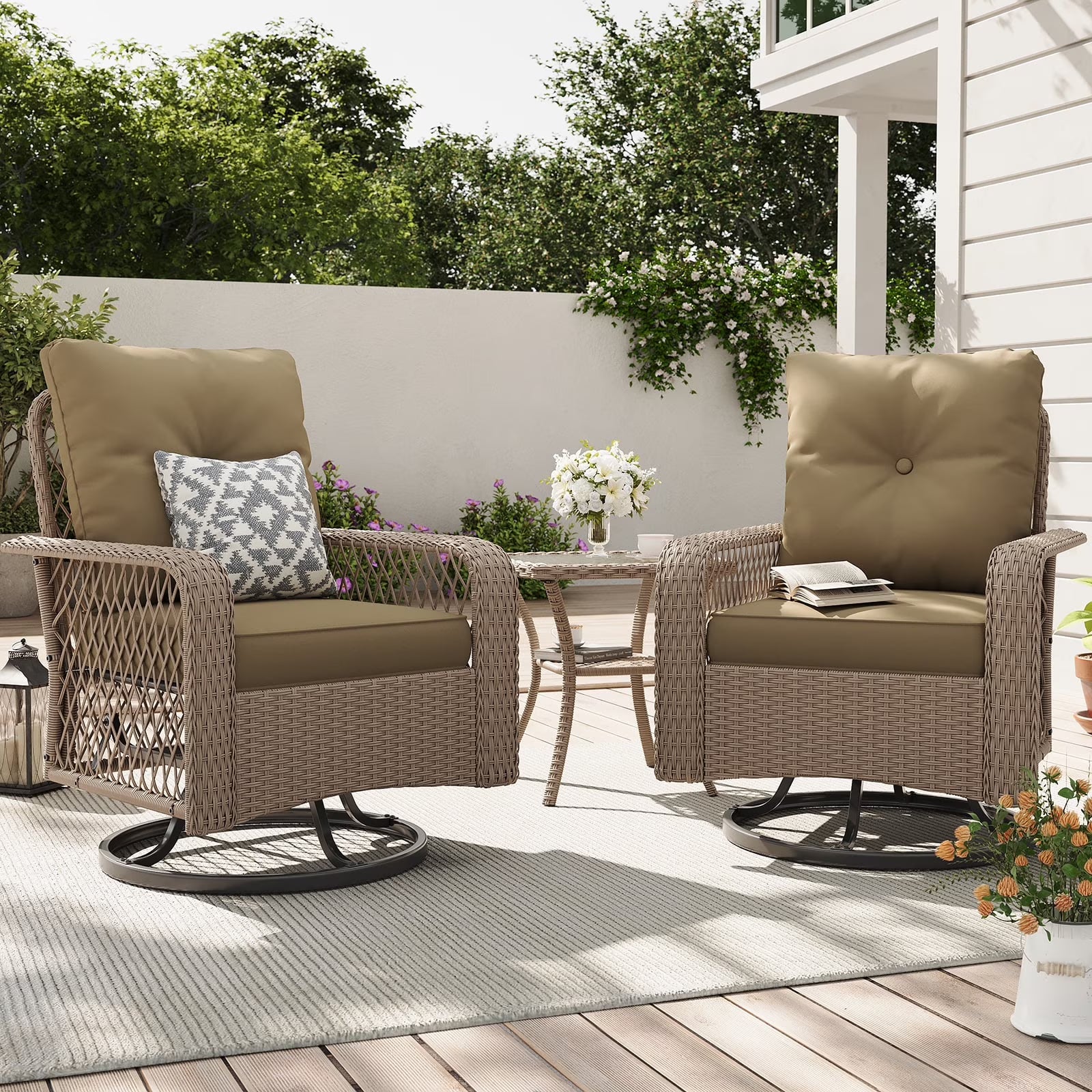 ELPOSUN 3 Pieces Patio Furniture Set, Outdoor Swivel Gliders Rocker, Wicker Patio Bistro Set with Rattan Rocking Chair, Glass Top Side Table and Thickened Cushions for Porch Deck Backyard