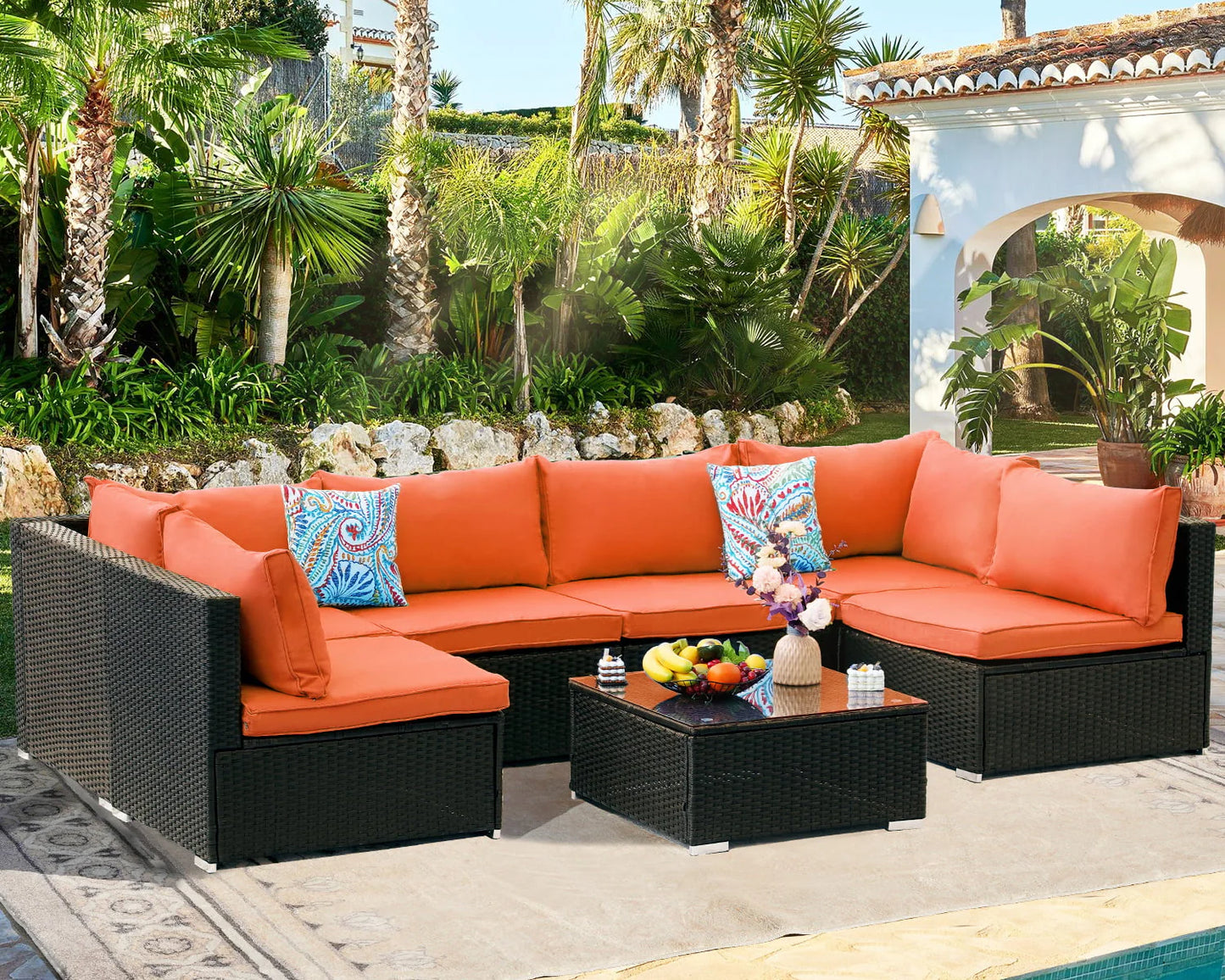 ESSENTIAL LOUNGER 7 Pieces Patio Conversation Set, Outdoor Sectional Sofa PE Rattan Wicker Patio Furniture Set with Cushion and Tempered Glass Table for Patio, Garden& Poolside, Orange