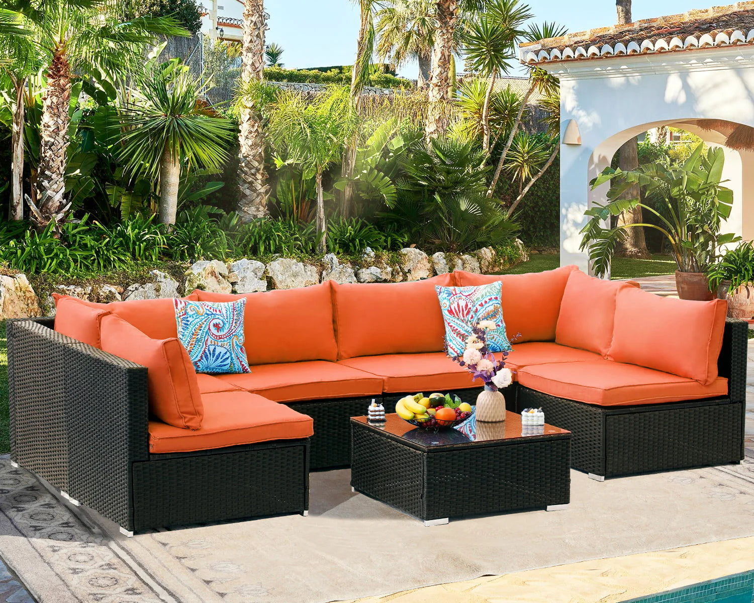 ESSENTIAL LOUNGER 7 Pieces Patio Conversation Set, Outdoor Sectional Sofa PE Rattan Wicker Patio Furniture Set with Cushion and Tempered Glass Table for Patio, Garden& Poolside, Orange