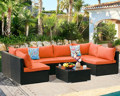 ESSENTIAL LOUNGER 7 Pieces Patio Conversation Set, Outdoor Sectional Sofa PE Rattan Wicker Patio Furniture Set with Cushion and Tempered Glass Table for Patio, Garden& Poolside, Orange