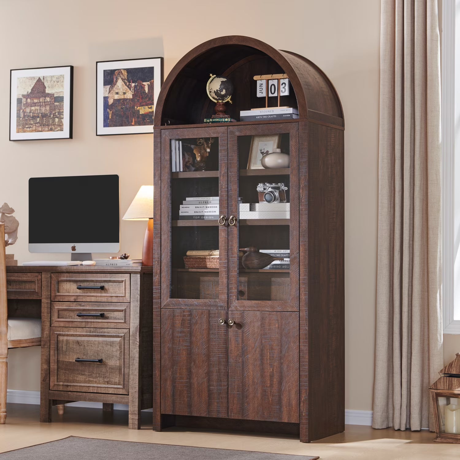IFGET 71-Inch Arched 4-Tier Bookcase with Glass Doors and Drawers