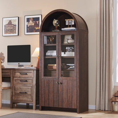 IFGET 71-Inch Arched 4-Tier Bookcase with Glass Doors and Drawers