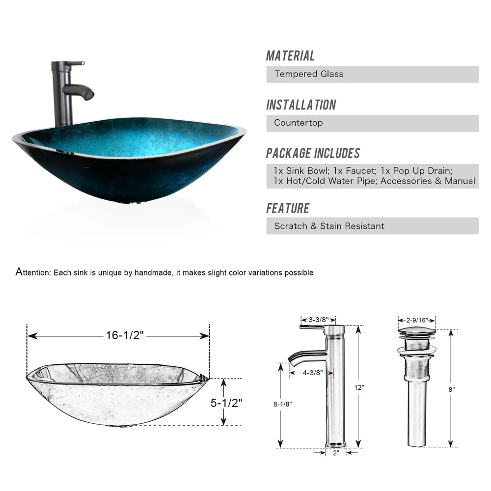 Eclife 16.5" Square Glass Vessel Sink