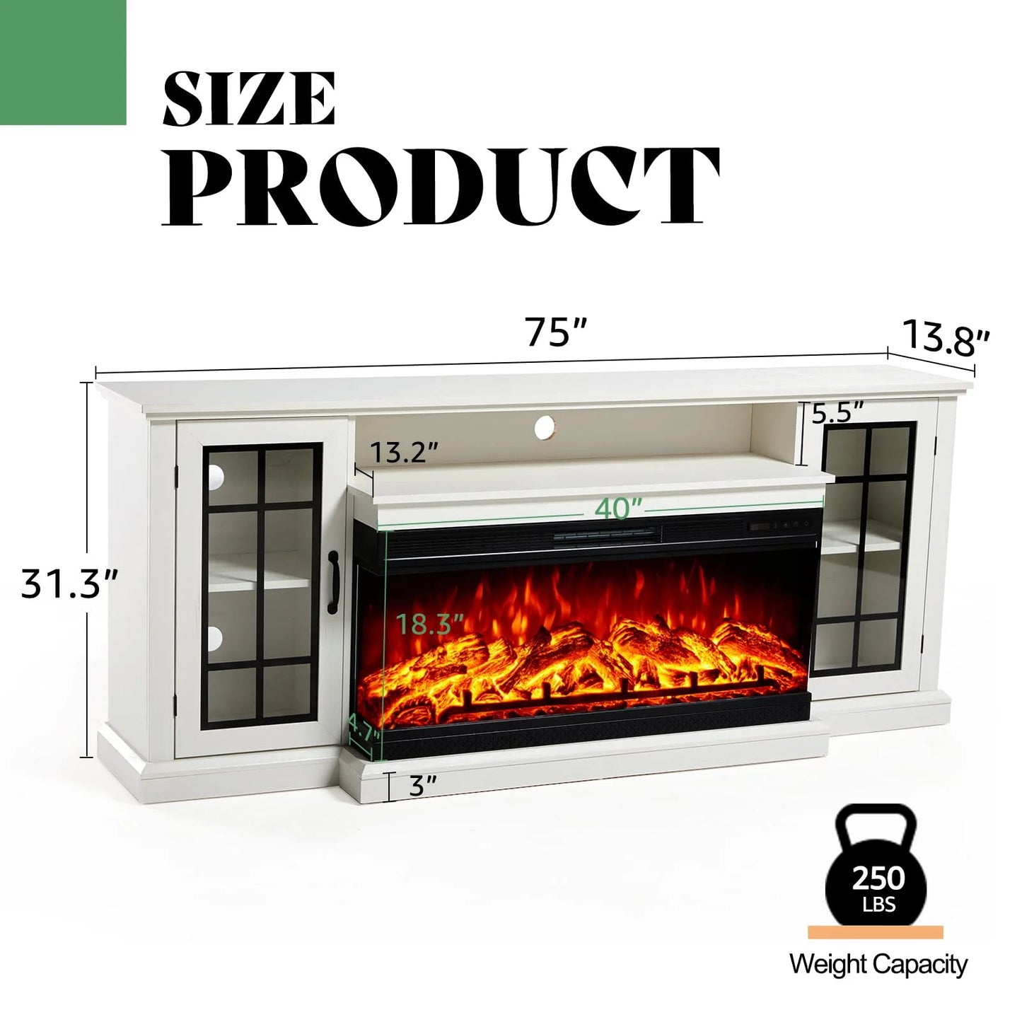 Merluxy 75in 3-Sided Glass Fireplace TV Stand for TVs up to 85", Distressed White
