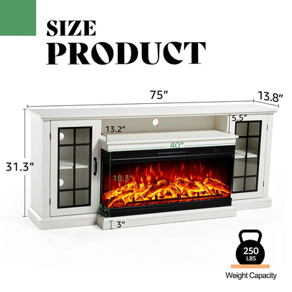 Merluxy 75in 3-Sided Glass Fireplace TV Stand for TVs up to 85", Distressed White