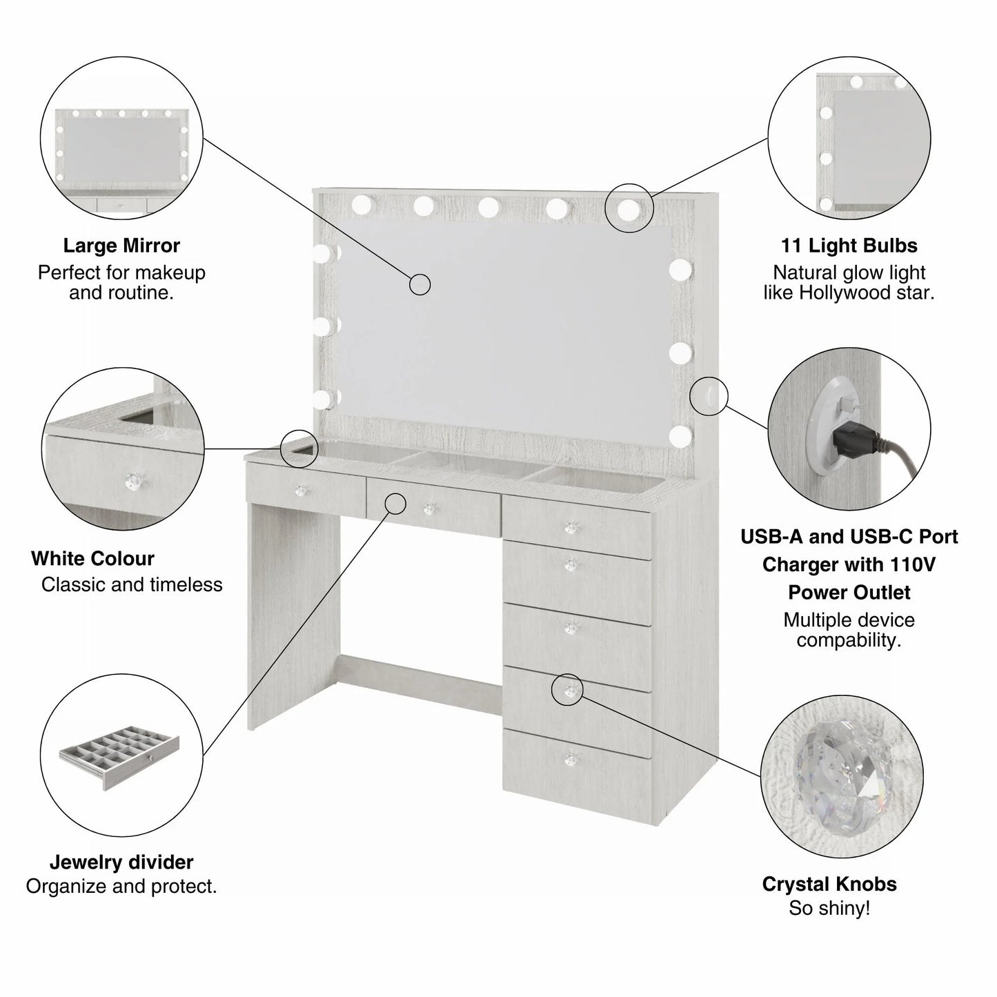Ember Interiors Modern Large Greige Makeup Vanity Desk with Built-in Lights, Power Outlet with USB Type-C, Glass Top, 7 Drawers and Crystal Knobs