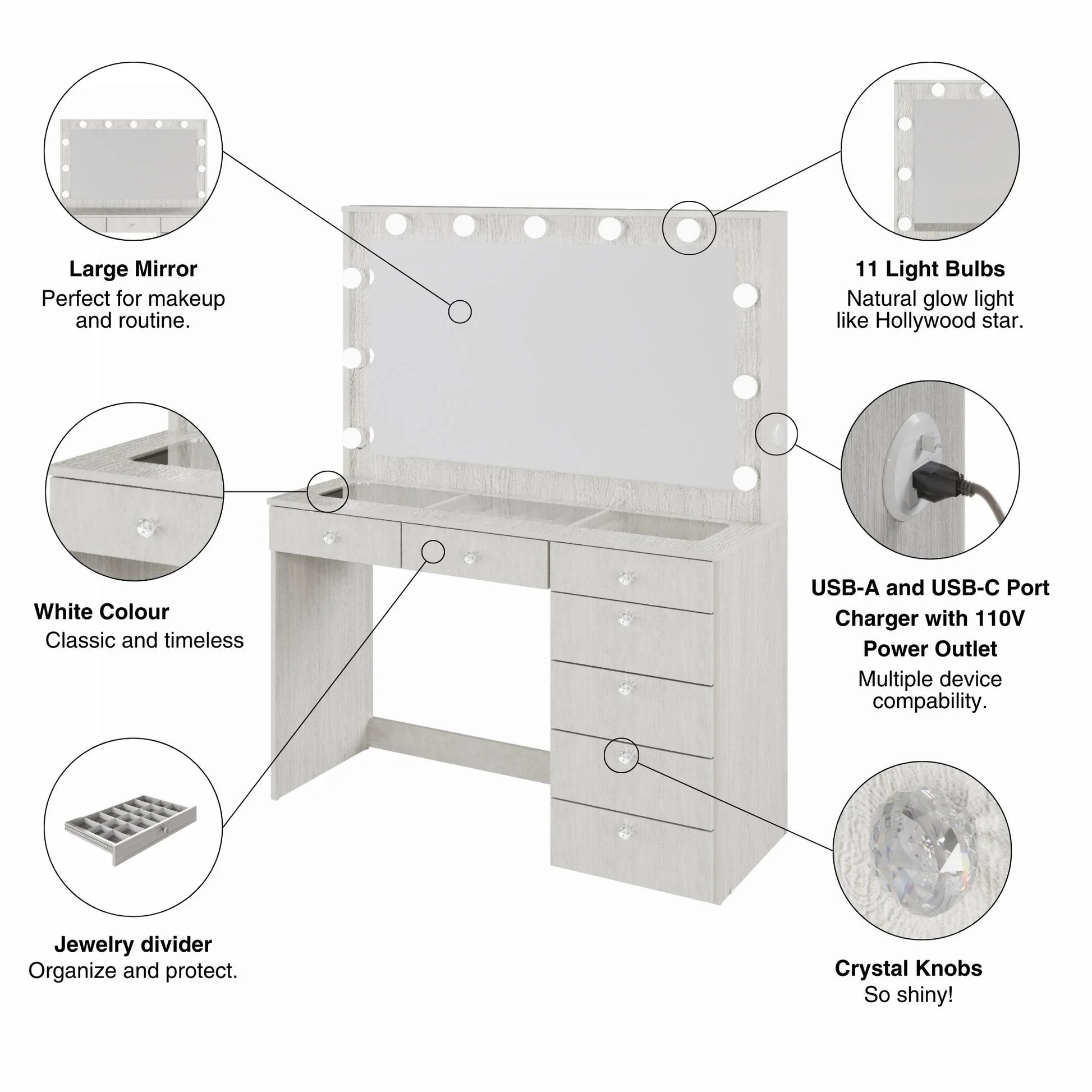 Ember Interiors Modern Large Greige Makeup Vanity Desk with Built-in Lights, Power Outlet with USB Type-C, Glass Top, 7 Drawers and Crystal Knobs