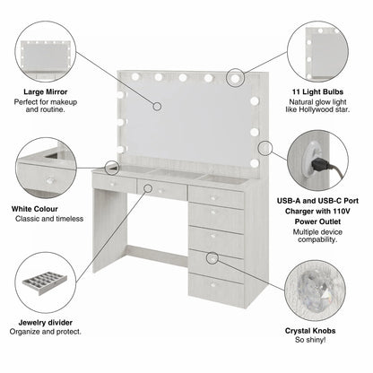 Ember Interiors Modern Large Greige Makeup Vanity Desk with Built-in Lights, Power Outlet with USB Type-C, Glass Top, 7 Drawers and Crystal Knobs