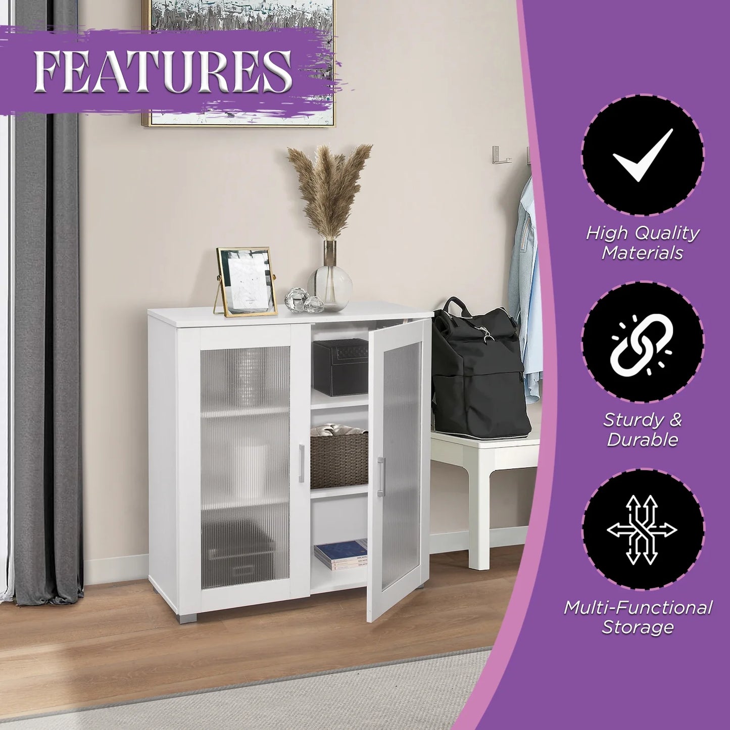 Kings Brand Furniture Wood Curio Accent Cabinet with 2 Frosted Glass Doors, 3 Inner Shelves, White