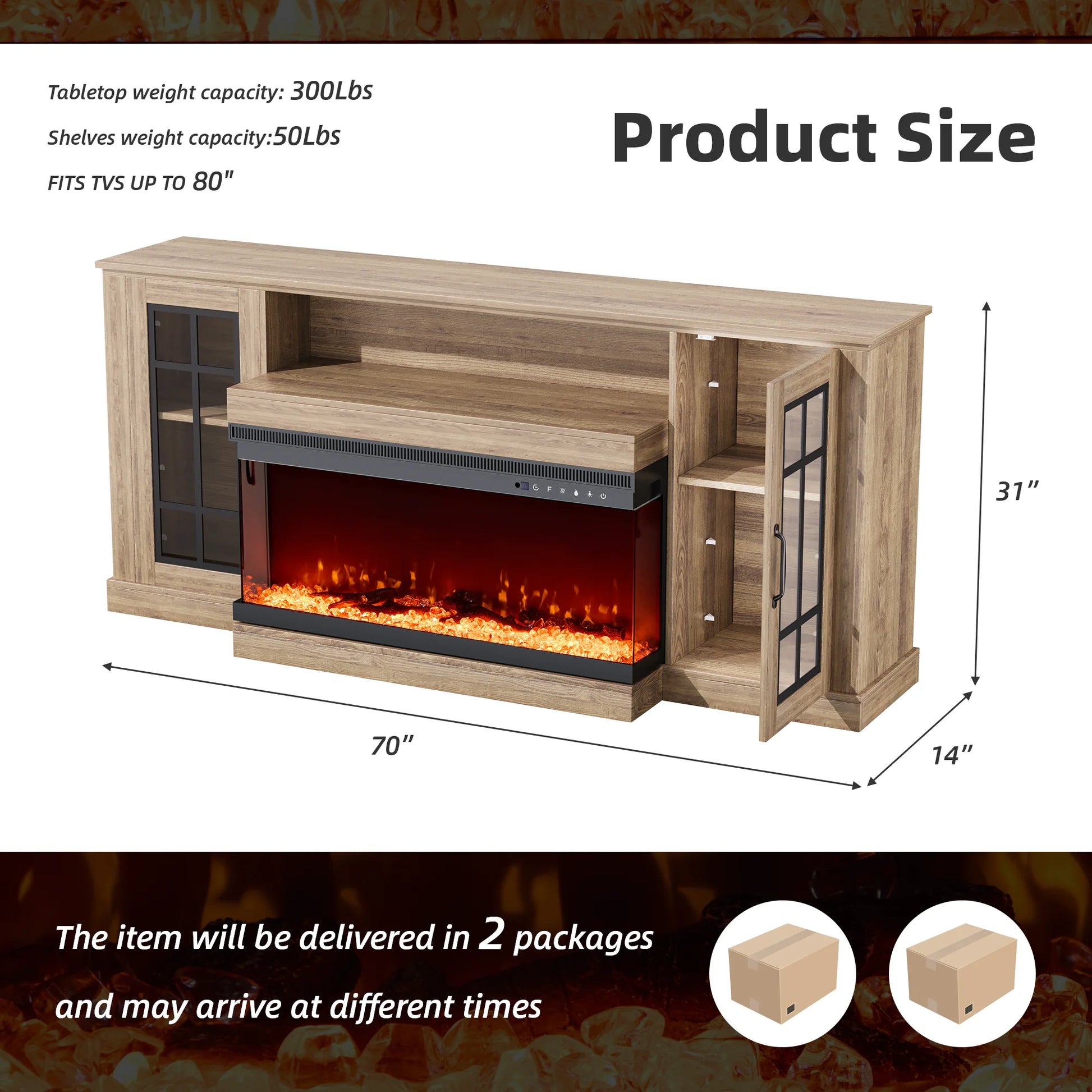 MELLCOM 70" 3 Sided Glass Fireplace TV Stand, Modern Media Console with Storage Side Cabinet, Fits TVs up to 80", Electric Fireplace TV StandWalnut Color
