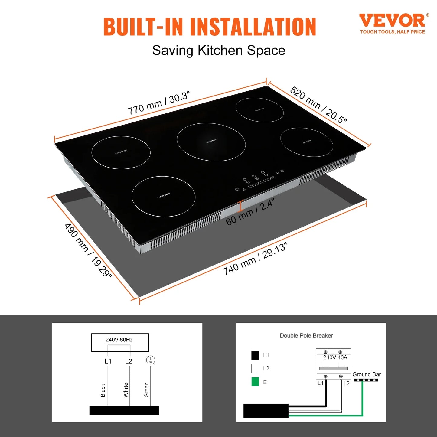 KFFKFF 36in Electric Cooktop, 5 Burners Ceramic Glass Stove Top Touch Control 9200W, 9 Heating Level Multifunctional Burner