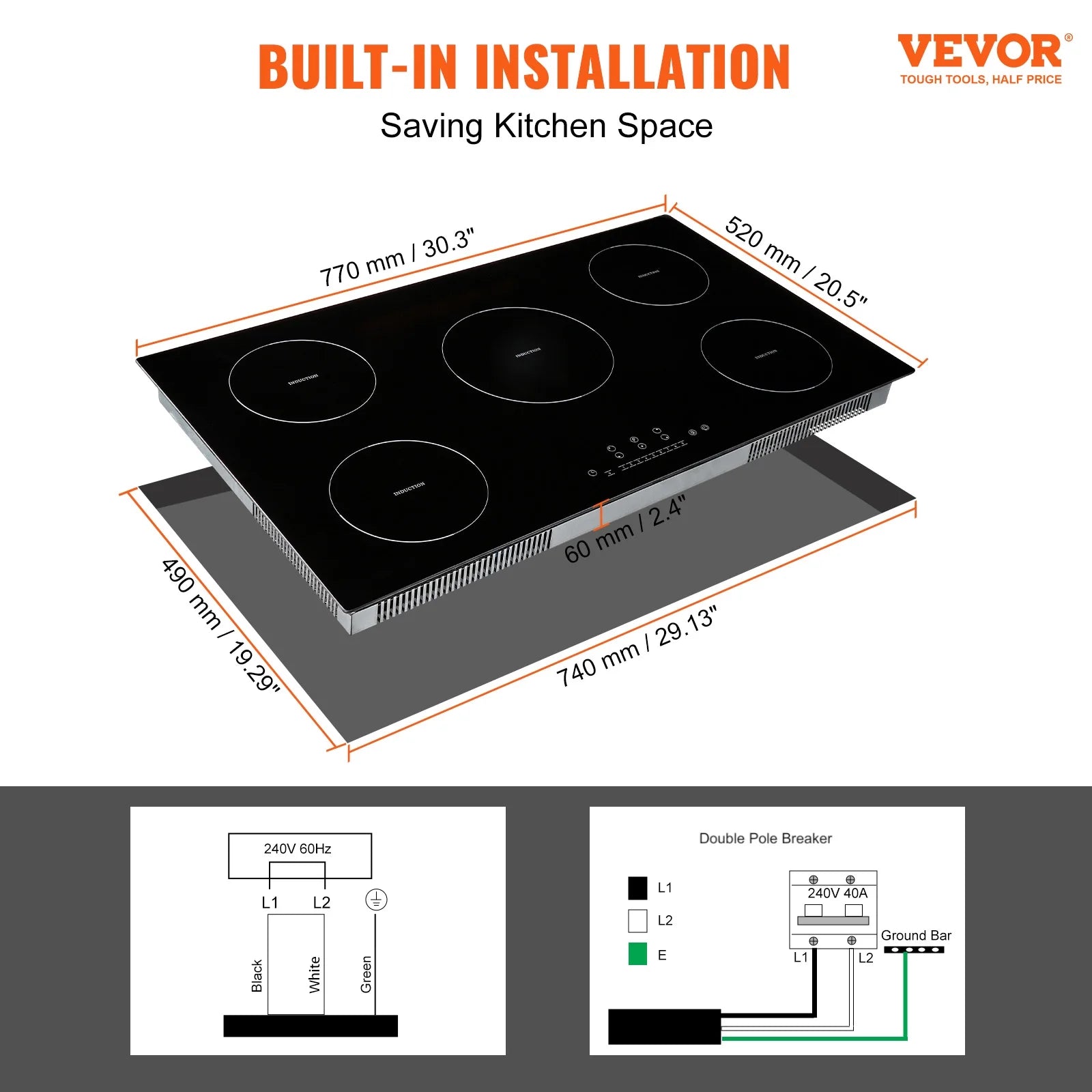 KFFKFF 36in Electric Cooktop, 5 Burners Ceramic Glass Stove Top Touch Control 9200W, 9 Heating Level Multifunctional Burner