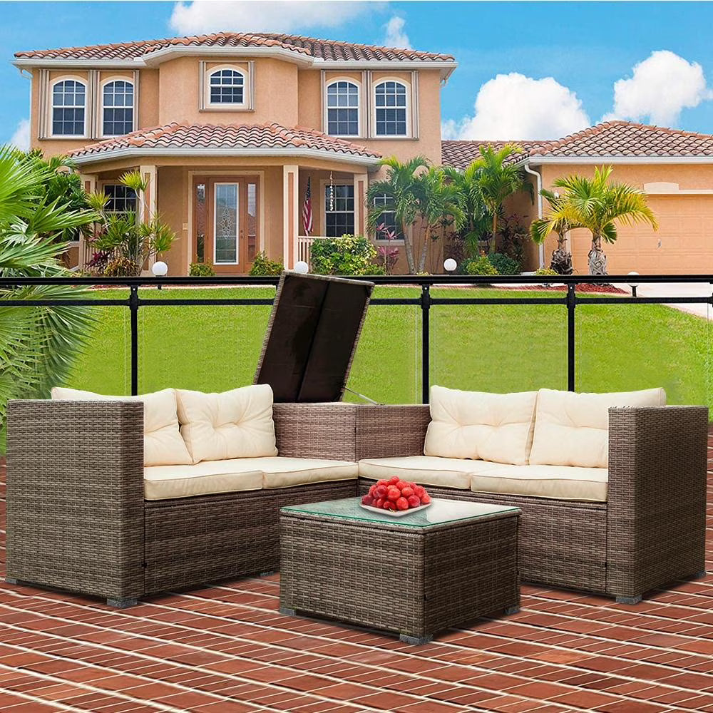 Rattan Patio Sofa Set, 4 Pieces Outdoor Sectional Furniture, All-Weather PE Rattan Wicker Patio Conversation, Cushioned Sofa Set with Glass Table for Patio Garden Poolside Deck