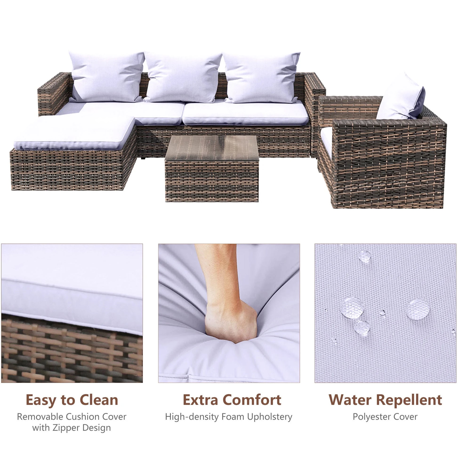 Rattan Patio Sofa Set, 4 Pieces Outdoor Sectional Furniture Set, All-Weather PE Rattan Wicker Patio Conversation Set, Cushioned Sofa Set with Glass Table for Patio Garden Poolside Deck
