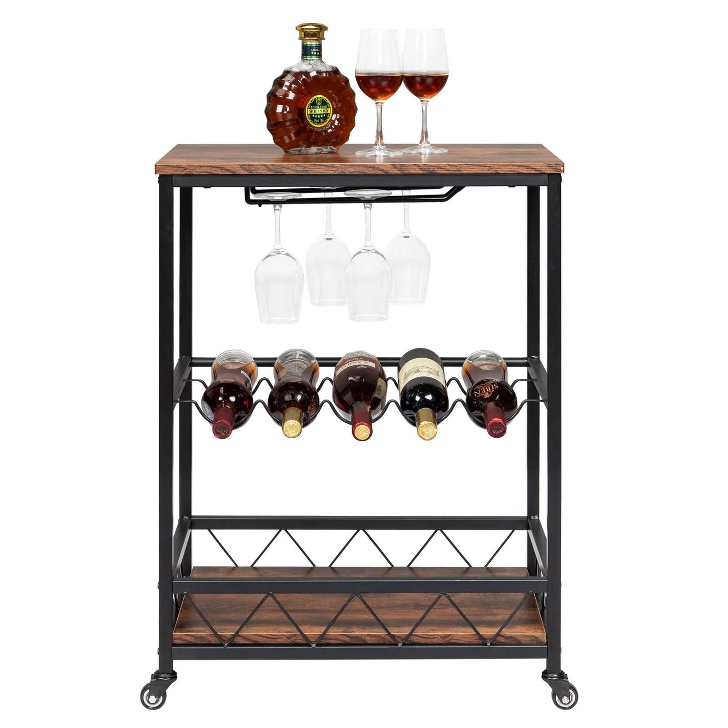 Ktaxon 3 Tier Kitchen Trolley Bar Carts for Home Bar Serving Cart w/Wine Rack & Glass Holder, Wheels, Vintage Brown