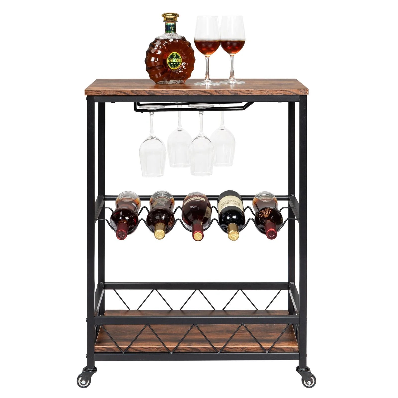 Ktaxon 3 Tier Kitchen Trolley Bar Carts for Home Bar Serving Cart w/Wine Rack & Glass Holder, Wheels, Vintage Brown