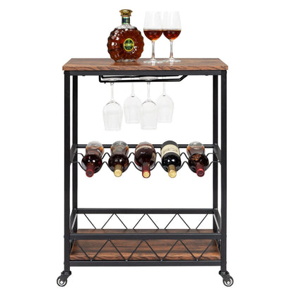 Ktaxon 3 Tier Kitchen Trolley Bar Carts for Home Bar Serving Cart w/Wine Rack & Glass Holder, Wheels, Vintage Brown