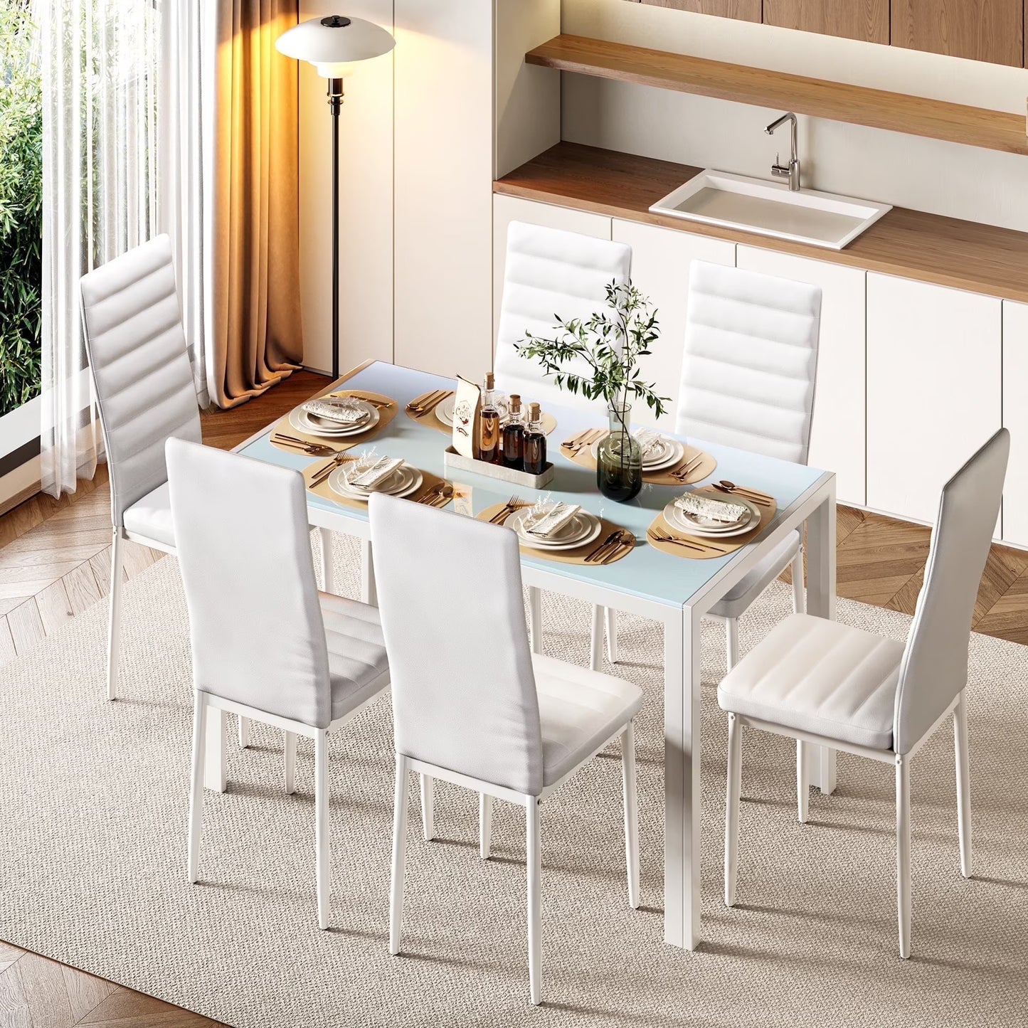 Asofer Modern 7 Piece Dining Table Sets for 6, Glass Kitchen Table, PU Leather Chair, Dining Room, Black