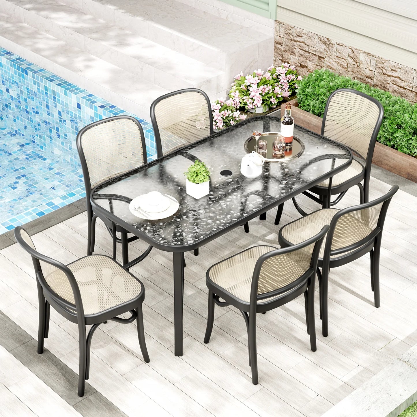 Pirecart Outdoor Glass Table with Umbrella Hole, Patio Dining Table for 6, for Garden, Balcony, Backyard, Poolside, Lawn, Gray