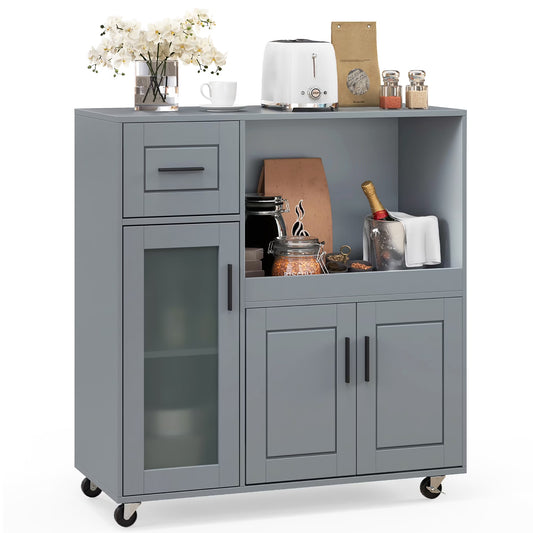 Gymax Kitchen Island Cart on Wheels Microwave Cabinet w/Frosted Tempered Glass Door
