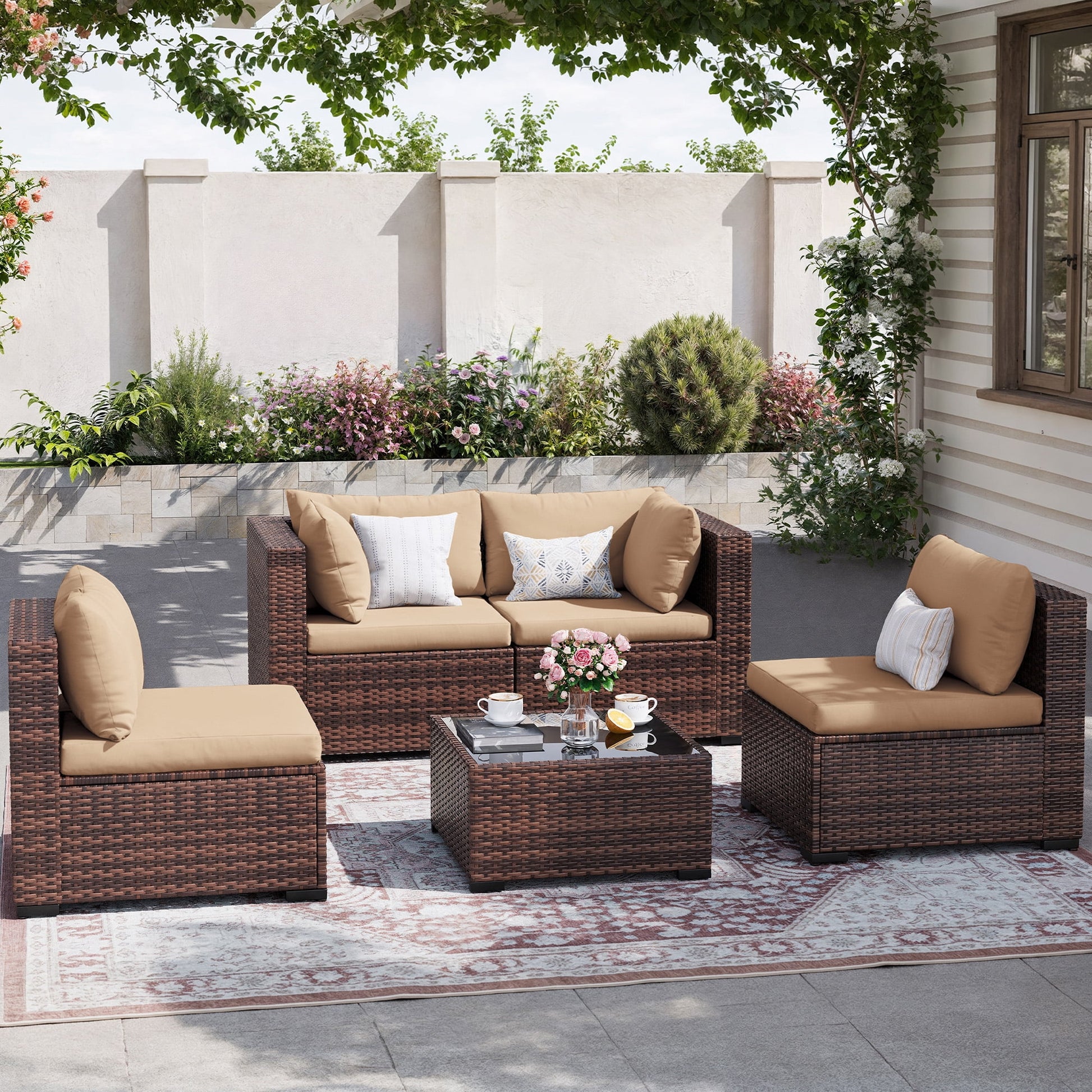 MRUAKA 5 Pieces Patio Furniture Set, Outdoor Furniture Sectional Rattan Sofa with Slanted Back, Patio Couch with Glass Coffee Table for Backyard Garden (Khaki)