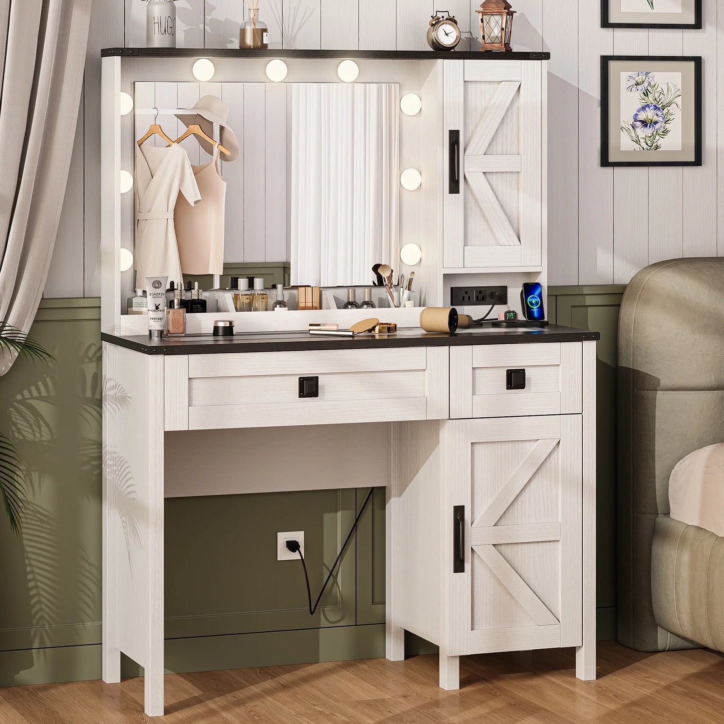 GIKPAL Makeup Vanity, Vanity Desk with Mirror & Glass Top, Farmhouse Vanity with Lights, Charging Station and Drawers, Rustic White