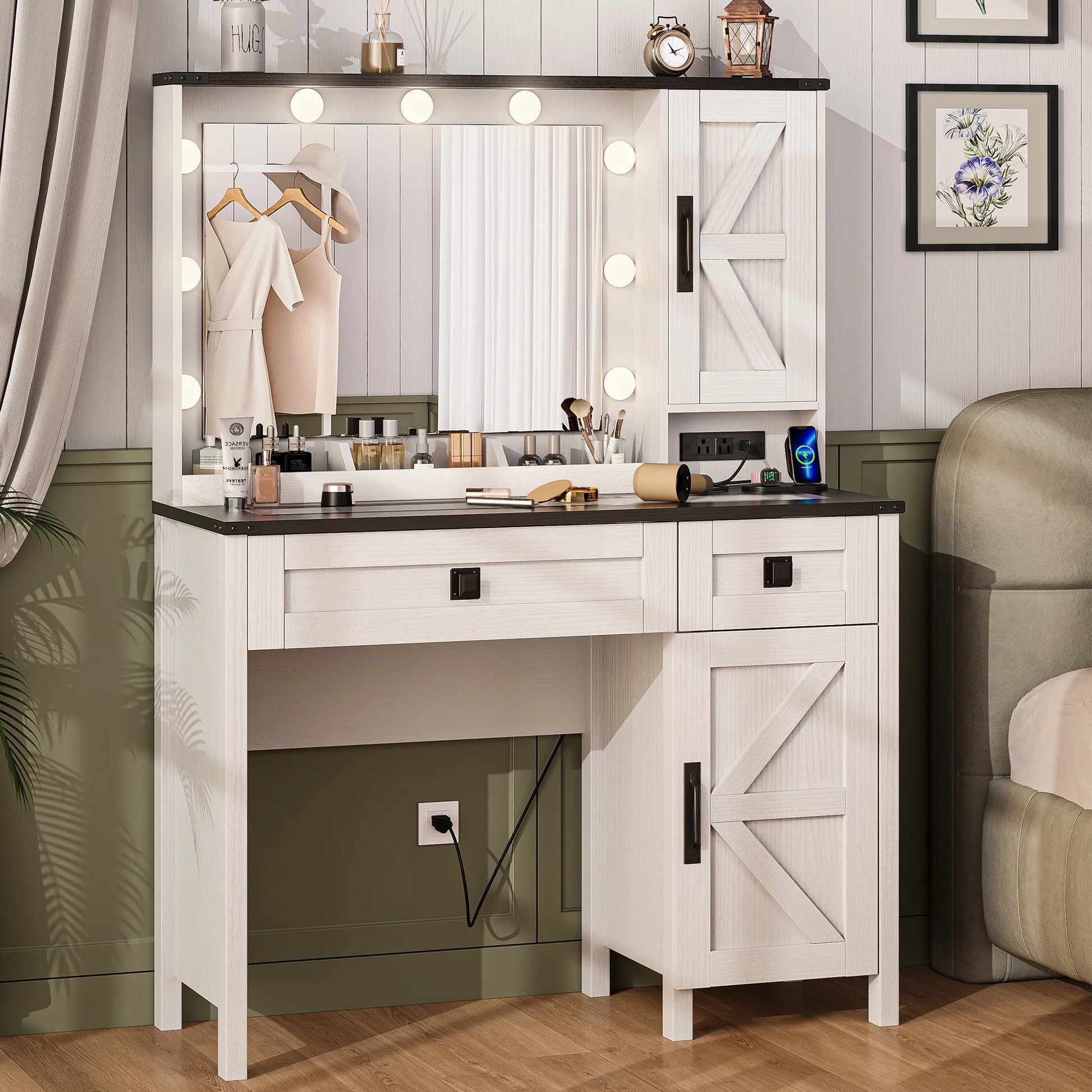 GIKPAL Makeup Vanity, Vanity Desk with Mirror & Glass Top, Farmhouse Vanity with Lights, Charging Station and Drawers, Rustic White