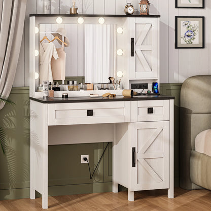 GIKPAL Makeup Vanity, Vanity Desk with Mirror & Glass Top, Farmhouse Vanity with Lights, Charging Station and Drawers, Rustic White