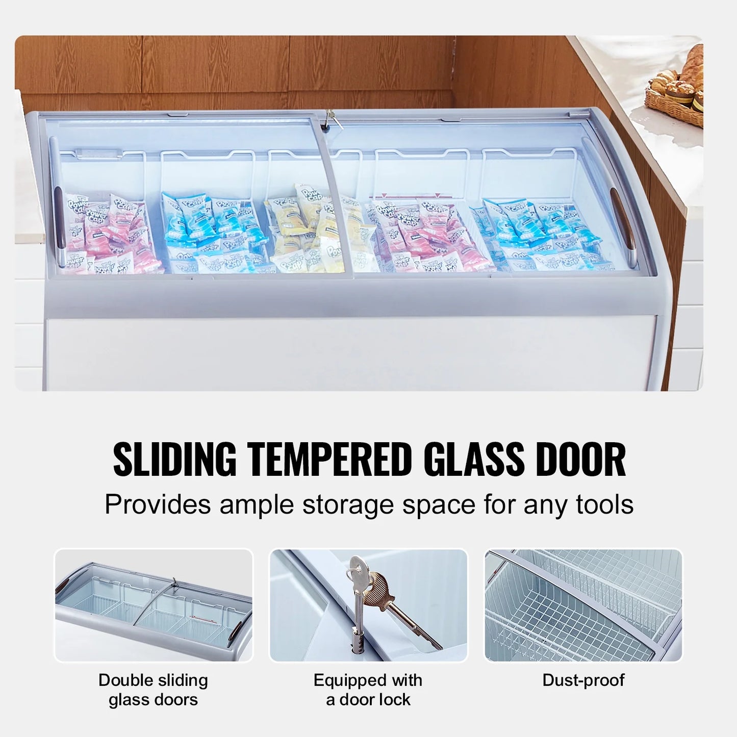 KFFKFF Professional Ice Cream Showcase, 16.3 Cubic Feet Storage Freezer, Portable Transparent Lid Deep Freezer, Dining Establishment Sorbet Serving Cabinet,5 Metal Baskets, Dual Slide Glass Doors