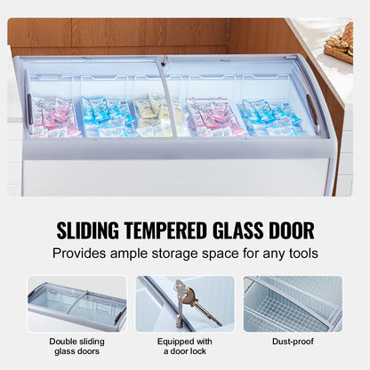 KFFKFF Professional Ice Cream Showcase, 16.3 Cubic Feet Storage Freezer, Portable Transparent Lid Deep Freezer, Dining Establishment Sorbet Serving Cabinet,5 Metal Baskets, Dual Slide Glass Doors