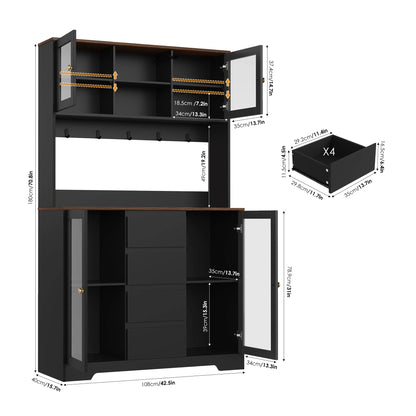 Homfa 71'' Pantry Hutch with Cabinet & Drawers for Kitchen, Glass Doors Storage Cabinet with Adjustable Shelves for Dining Room, Black