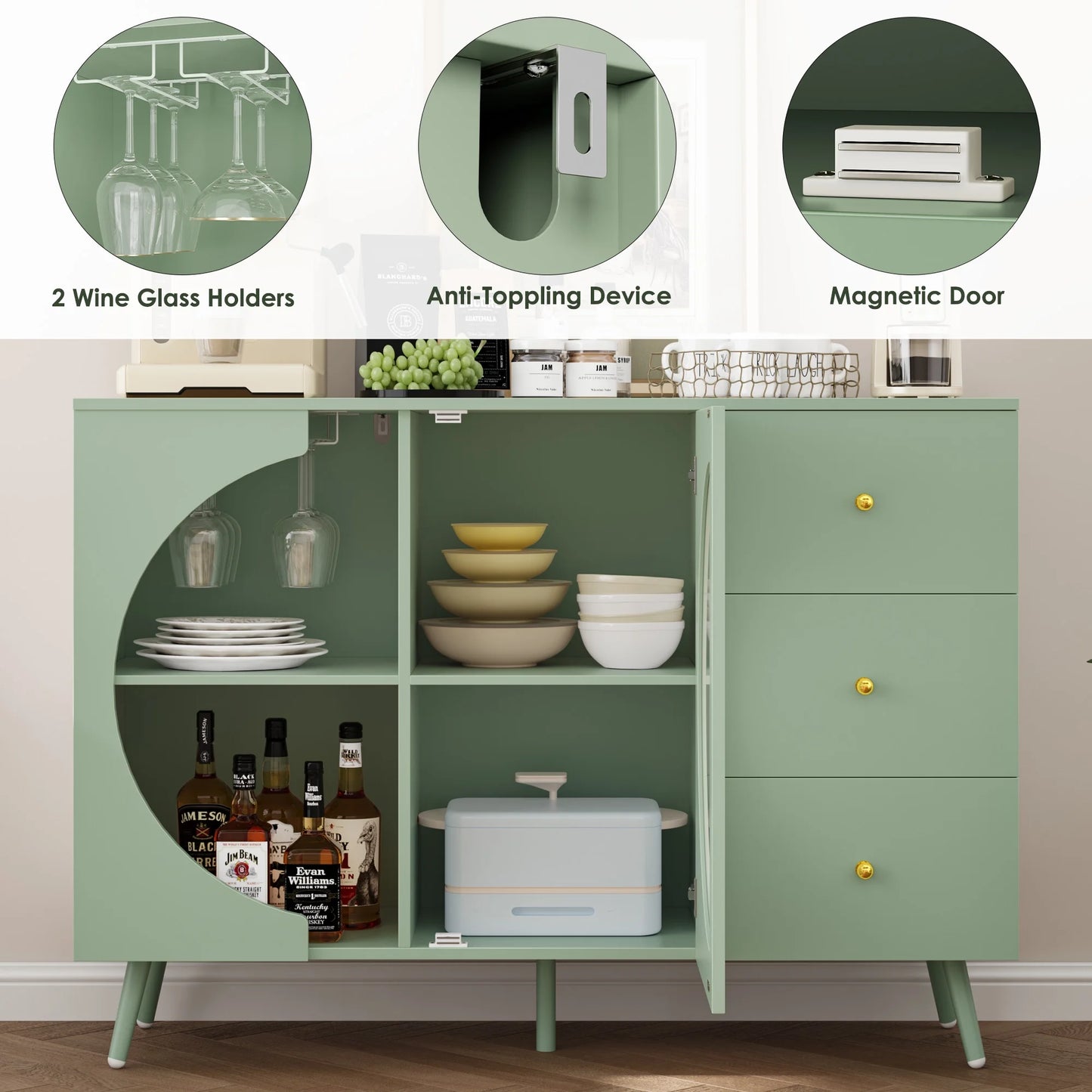 Homfa Coffee Bar Cabinet with 3 Drawers & Glass Door, Modern Buffet Sideboard Bar Table for Dining Room, Green