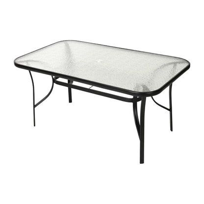 Emma + Oliver Rectangular Tempered Glass Top Patio Table with Umbrella Hole and Black Steel Tube Frame