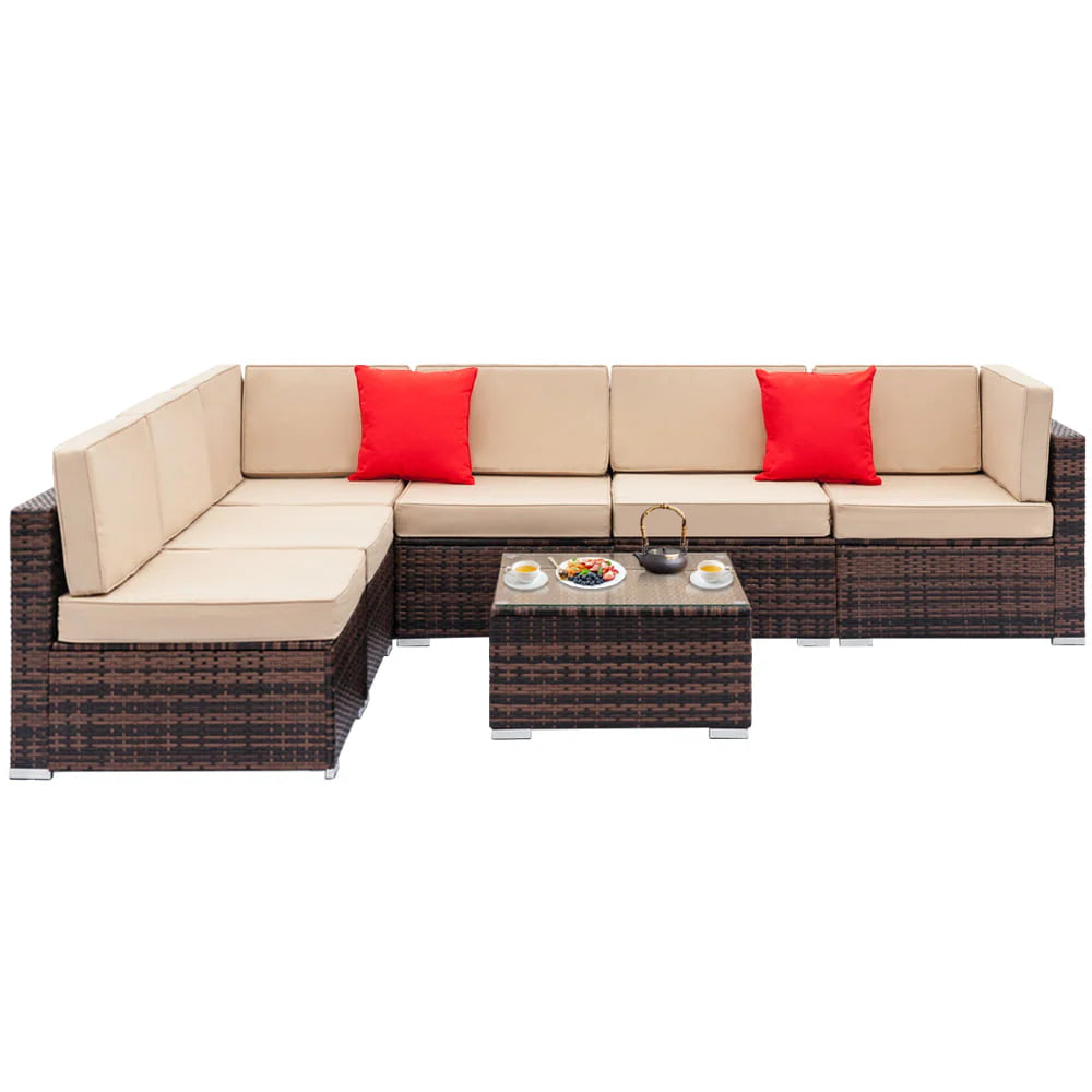 Wicker Patio Sofa Sets, 7 Pieces Outdoor Seating Sets, Lounge Sofa and Tempered Glass Coffee Table, Deck Front Garden Furniture Set, Brown Rattan + Beige Cushion