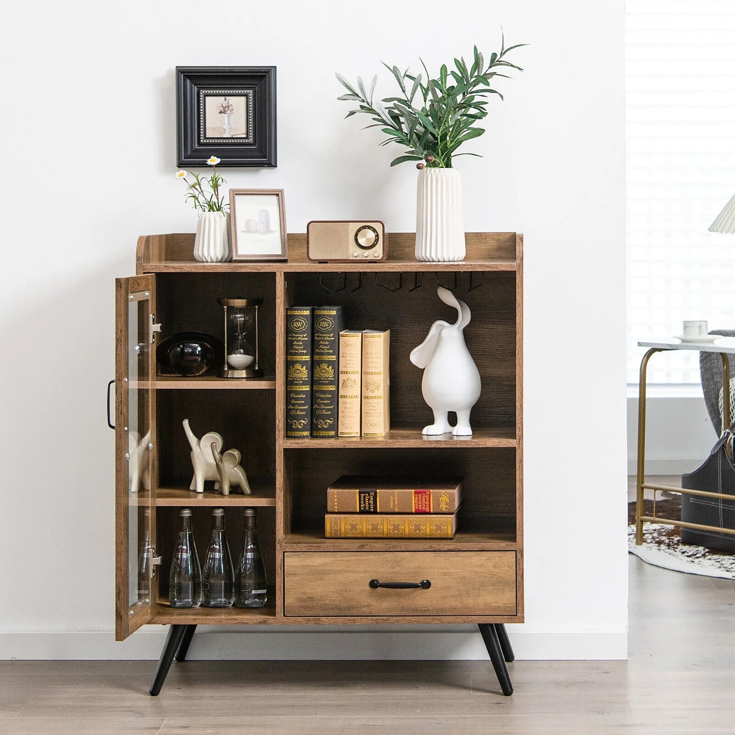 Gymax Liquor Bar Cabinet Storage Buffet Sideboard Credenza w/Wine Rack & Glass Holder