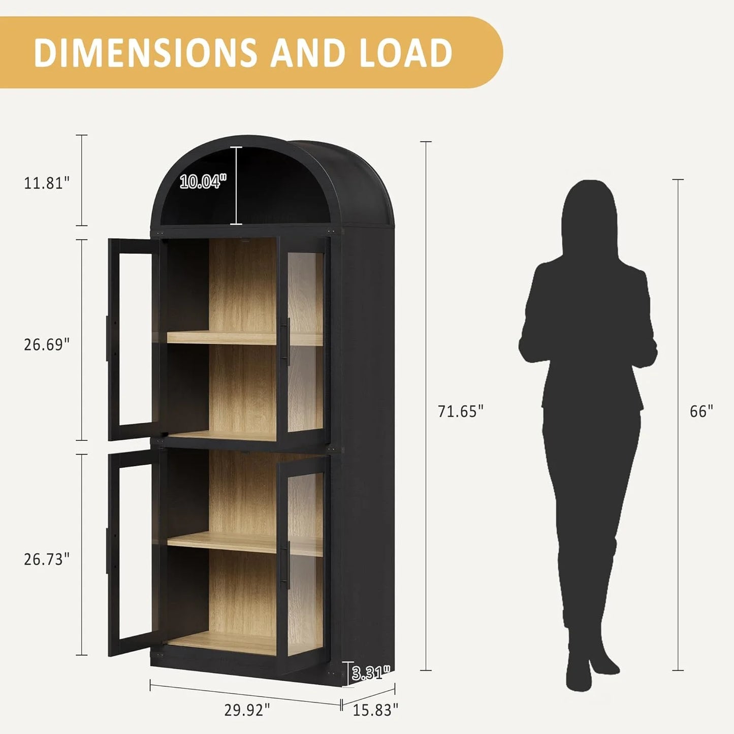 Arched Bookshelf with Glass Doors 71 Point Four Inches Tall Rustic Premium Wood Display Cabinet Glass Door Black