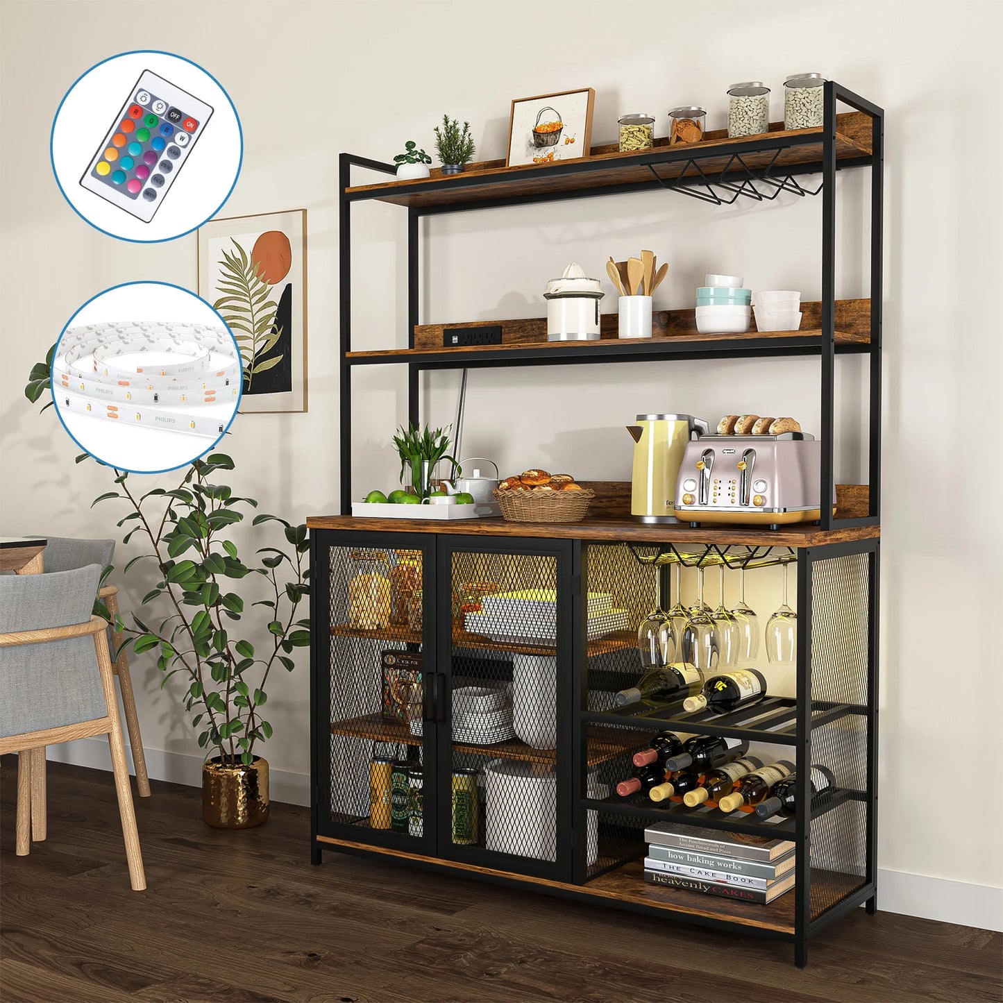 Kepooman Coffee Bar Cabinet with Power Outlet, Industrial Buffet Cabinet with LED Strip and Glass Holder, 3-Tiers Liquor Cabinet Bar for Home, Dining Room, Kitchen, Vintage Brown