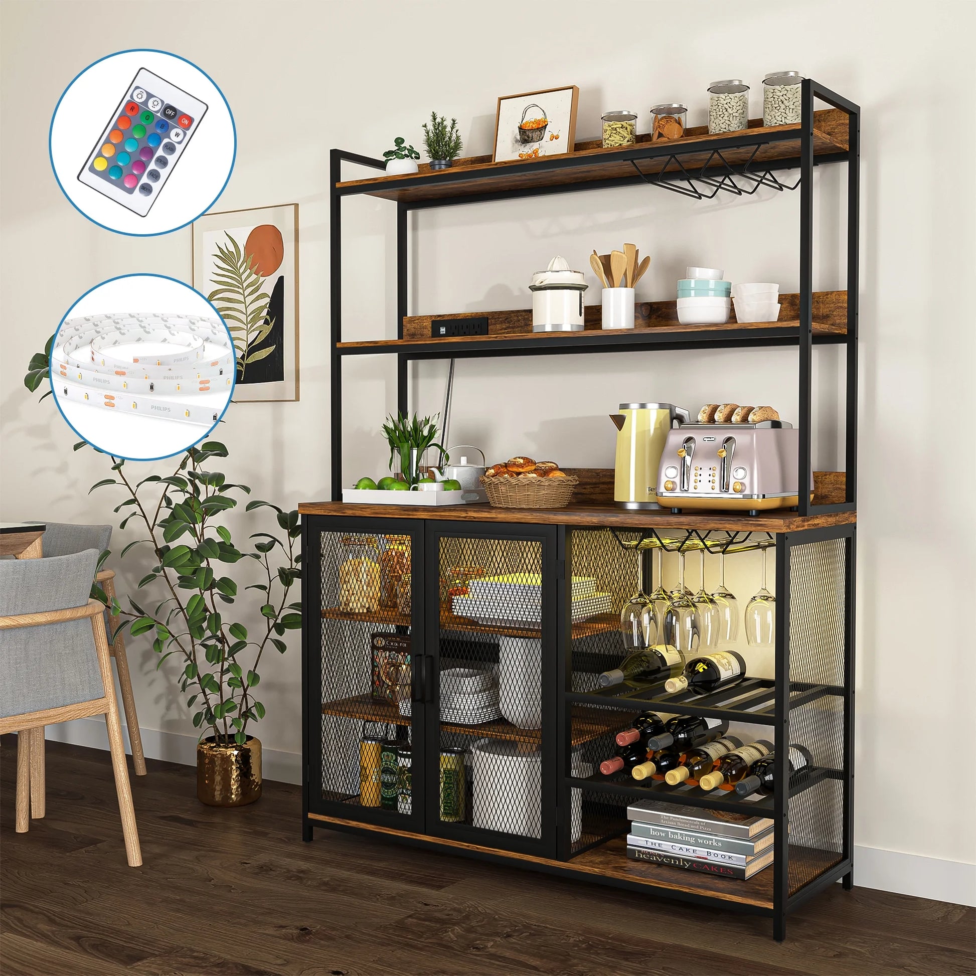 Kepooman Coffee Bar Cabinet with Power Outlet, Industrial Buffet Cabinet with LED Strip and Glass Holder, 3-Tiers Liquor Cabinet Bar for Home, Dining Room, Kitchen, Vintage Brown