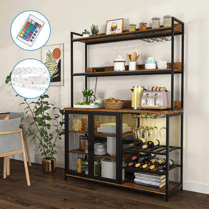 Kepooman Coffee Bar Cabinet with Power Outlet, Industrial Buffet Cabinet with LED Strip and Glass Holder, 3-Tiers Liquor Cabinet Bar for Home, Dining Room, Kitchen, Vintage Brown