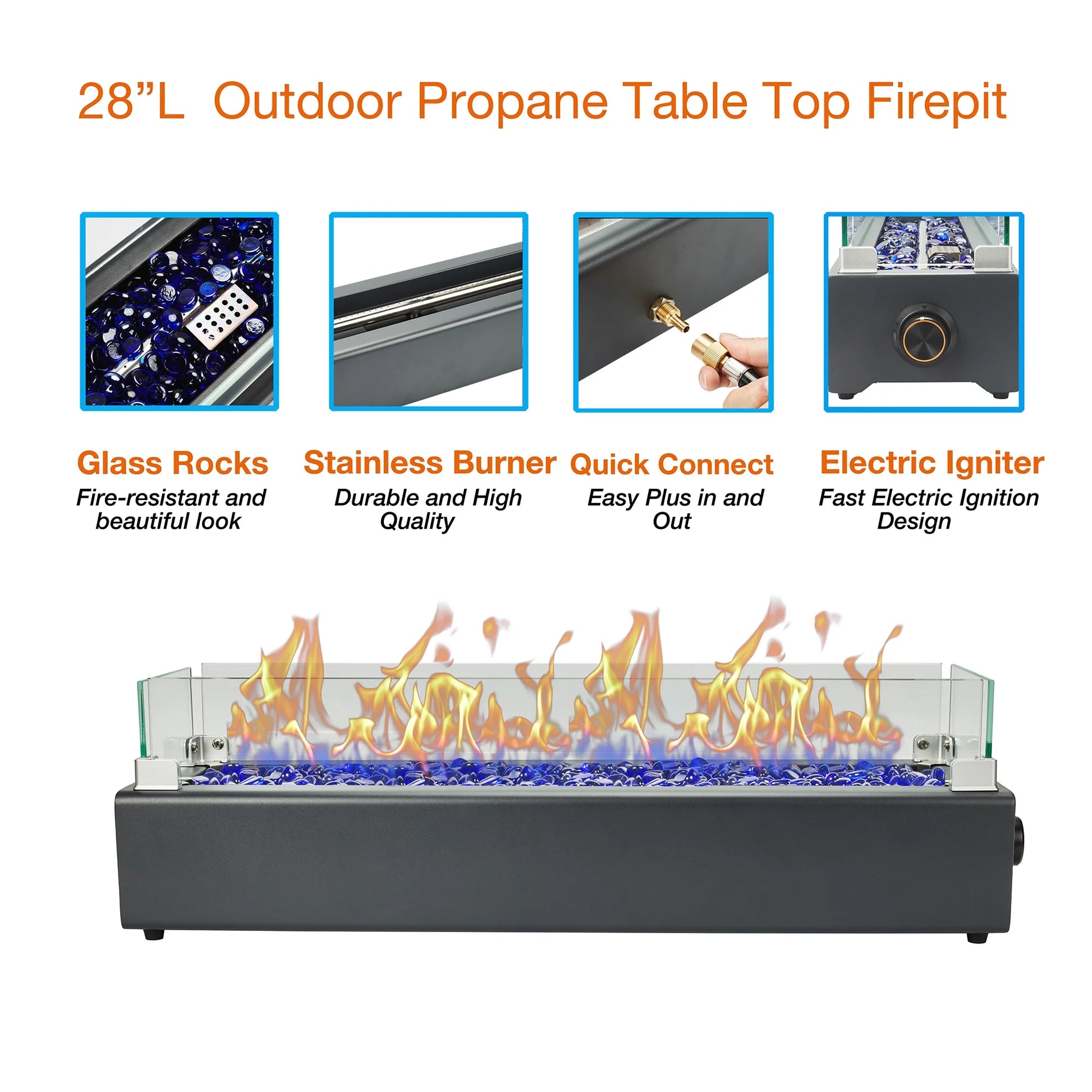 28-inch Table Top Gas Fire Pit, 40,000 BTU Tabletop Propane Fire Pit Portable Fireplace for Patio, Outdoor w/Wind Glass Shield, Glass Rocks, Carbon Gray
