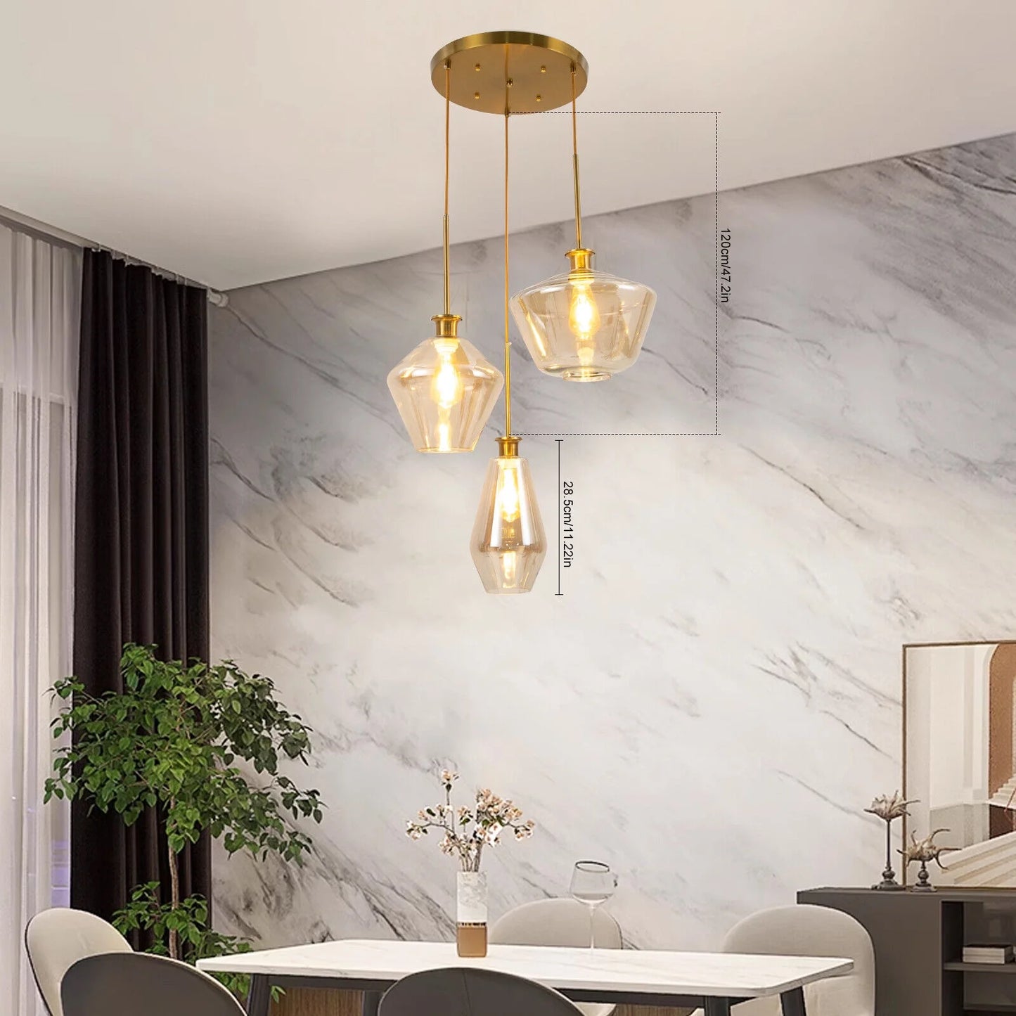 Champagne Gold Glass Chandelier 3 Heads Hanging Pendant Light Ceiling Fixtures