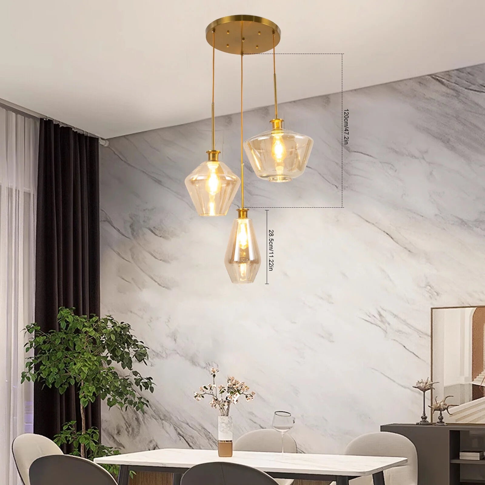 Champagne Gold Glass Chandelier 3 Heads Hanging Pendant Light Ceiling Fixtures