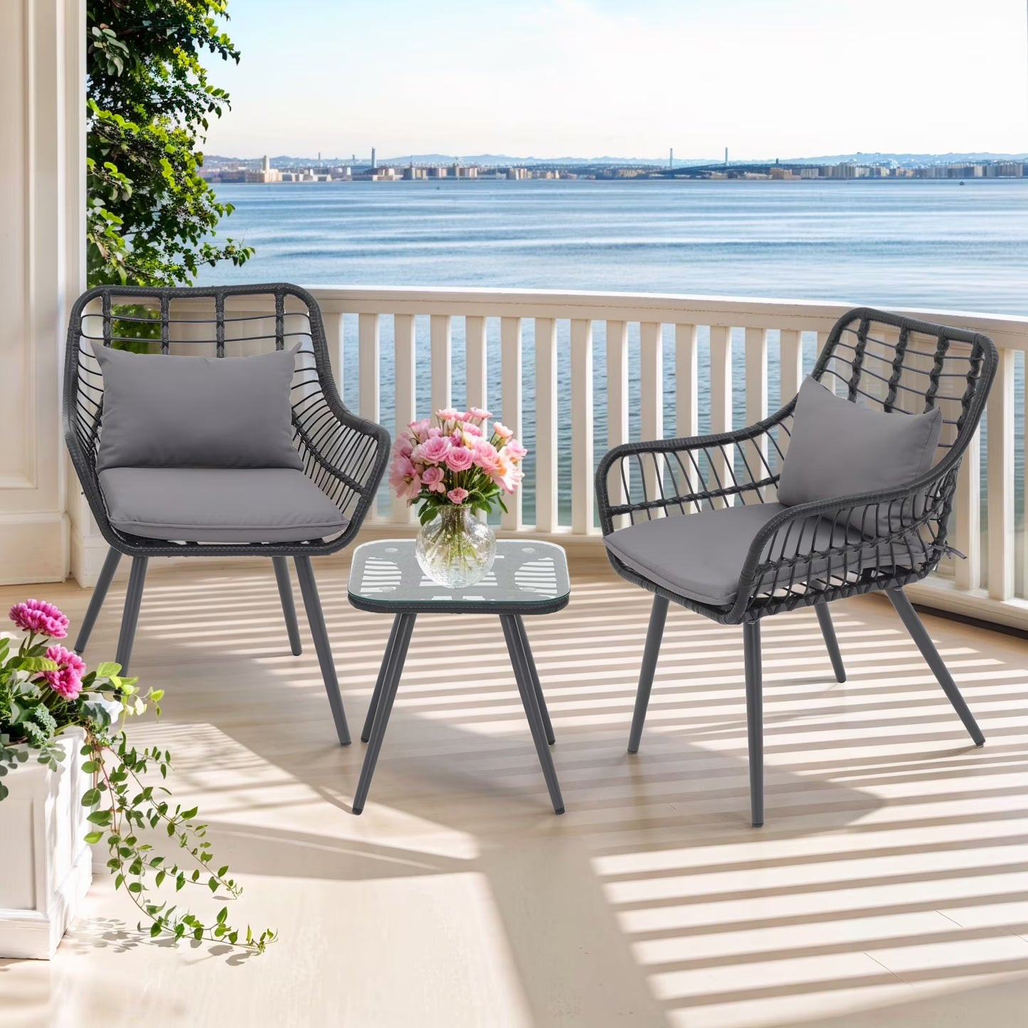 Patio Furniture Set, Betcozy3 Pieces Outdoor Chairs Set with Glass Coffee Table for Garden, Bistro, Porch, Balcony, Backyard