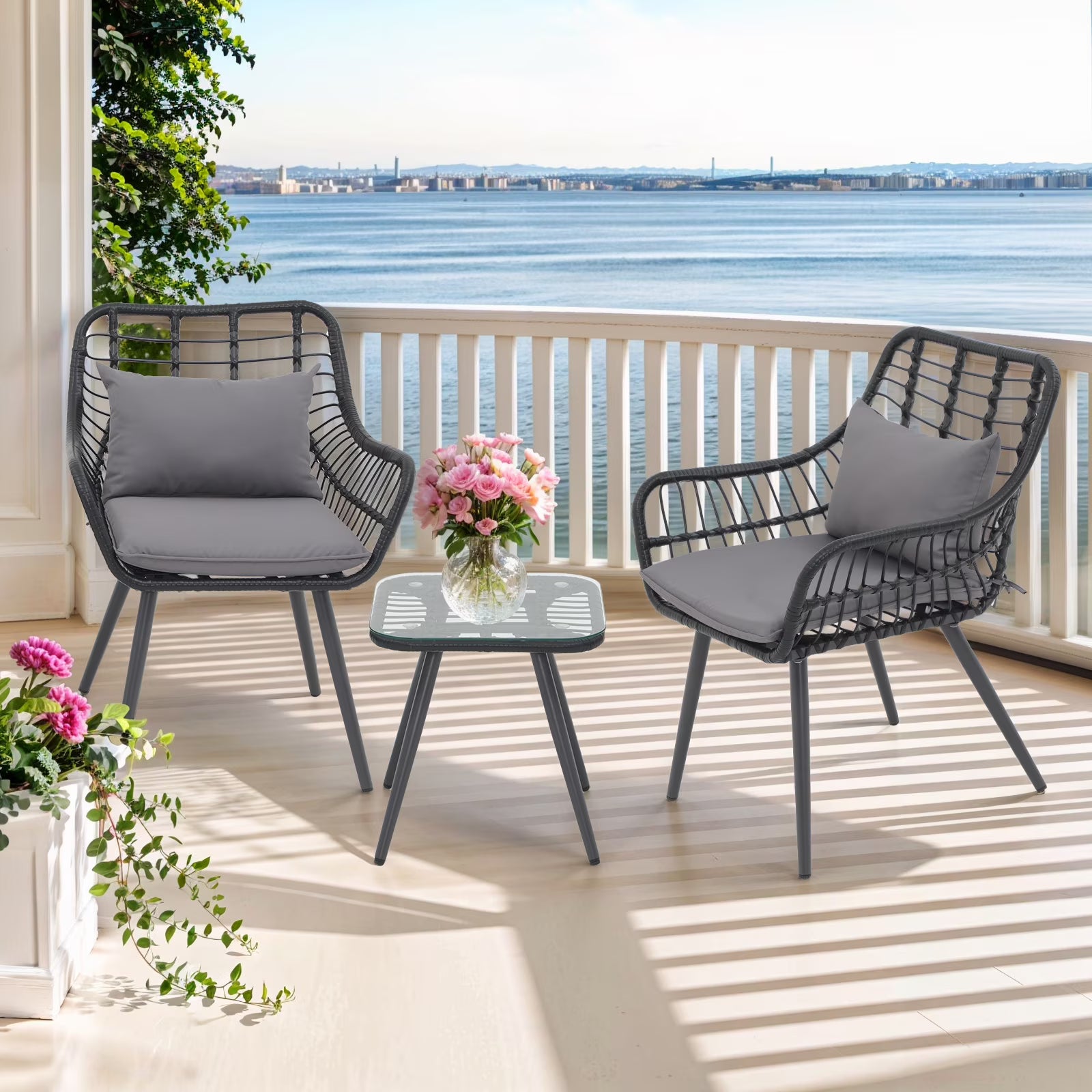 Patio Furniture Set, Betcozy3 Pieces Outdoor Chairs Set with Glass Coffee Table for Garden, Bistro, Porch, Balcony, Backyard