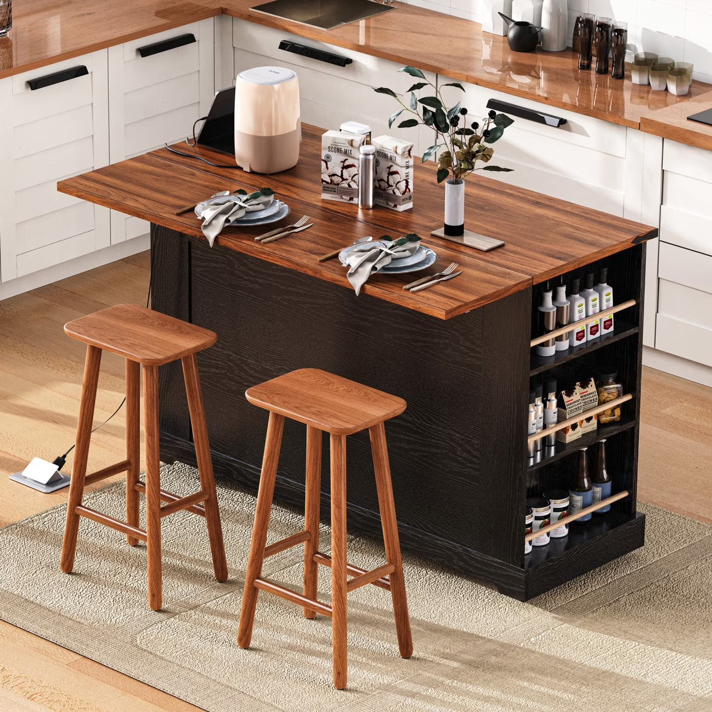 53'' Farmhouse Kitchen Island with Two Tempered Glass Cabinet Doors, Kitchen Rolling Island with Power Outlet 5 Open Side Racks and 3 Drawers,Mobile Island Table for Kitchen, Dining Room,Black