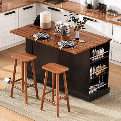 53'' Farmhouse Kitchen Island with Two Tempered Glass Cabinet Doors, Kitchen Rolling Island with Power Outlet 5 Open Side Racks and 3 Drawers,Mobile Island Table for Kitchen, Dining Room,Black